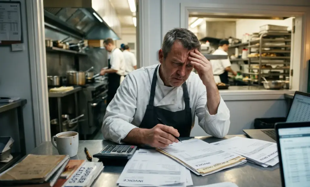 A professional kitchen pass at night, a printed P&L sheet and recipe costing notebook open beside a chef's knife, warm.