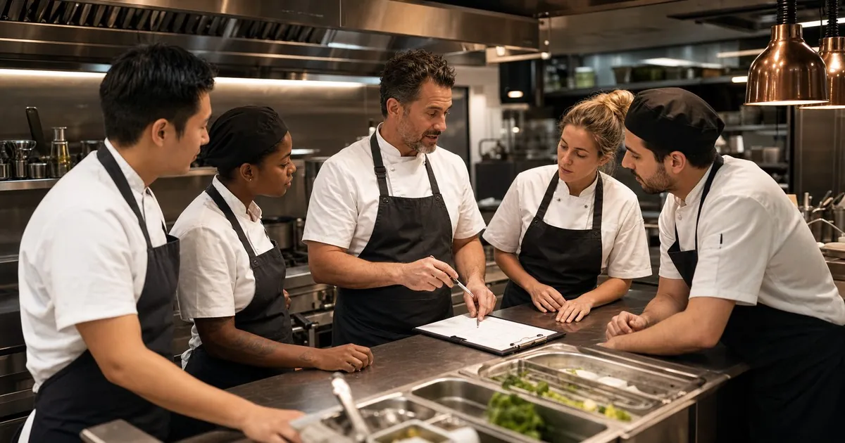 A head chef leading a practical team briefing in a professional kitchen