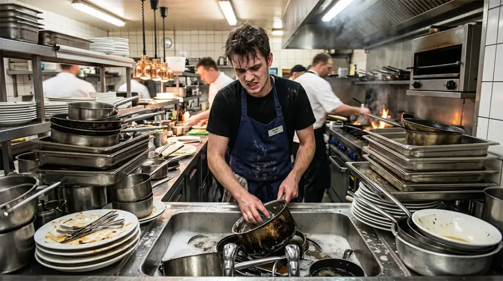 A busy professional kitchen, low angle shot of a kitchen porter washing stacked pans at a steel sink, steam rising, warm.